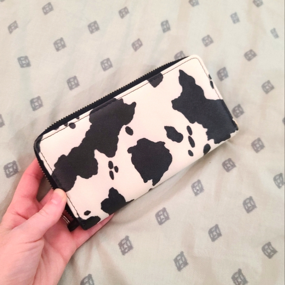 Cow Print Faux Leather Womens Zip Around Wallet